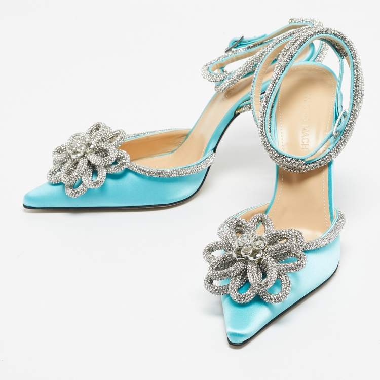 Pre Owned Mach & Mach Blue Satin Crystal Flower Pumps Size 39.5