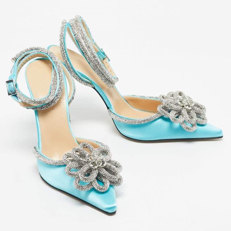 Pre Owned Mach & Mach Blue Satin Crystal Flower Pumps Size 39.5