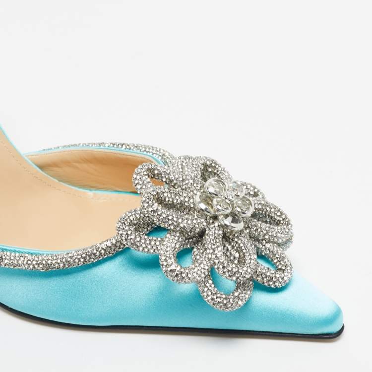 Pre Owned Mach & Mach Blue Satin Crystal Flower Pumps Size 39.5