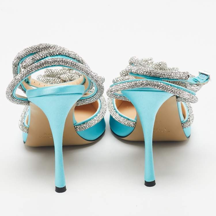Pre Owned Mach & Mach Blue Satin Crystal Flower Pumps Size 39.5