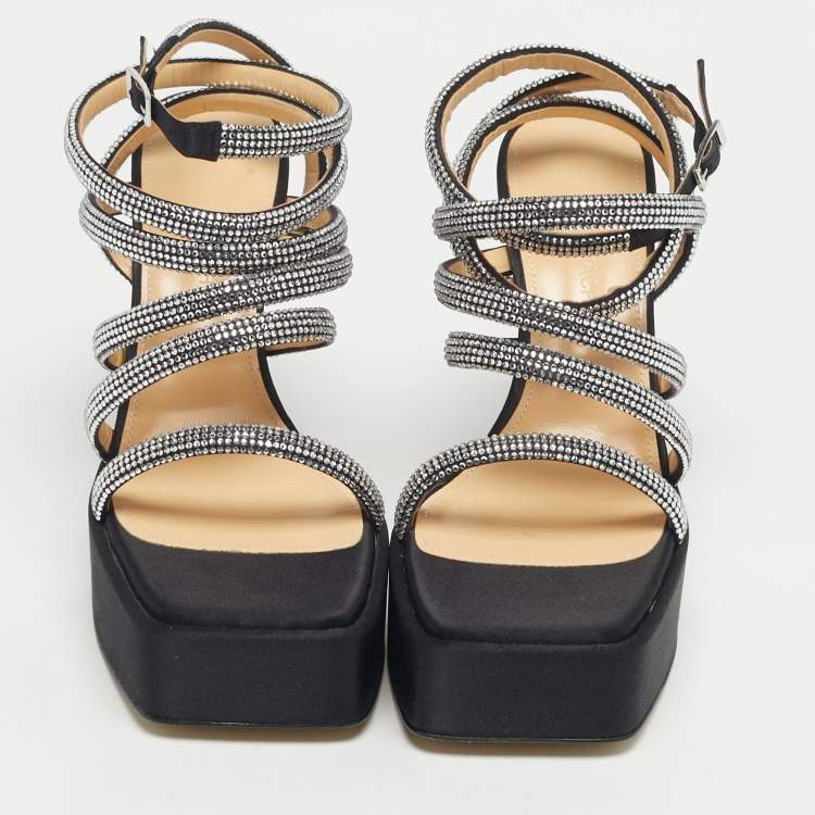 Pre Owned Mach & Mach Black Satin Sydney Platform Sandals Size 38