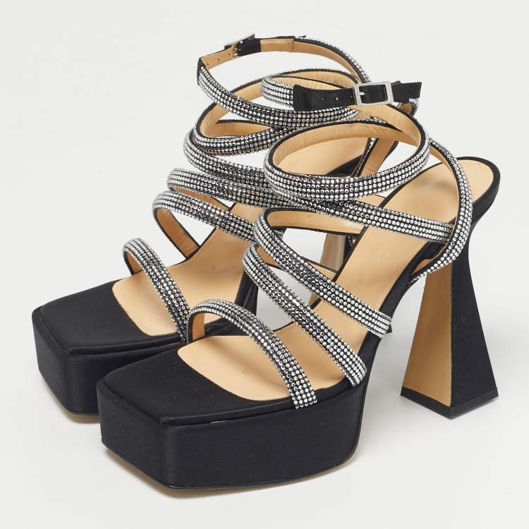 Pre Owned Mach & Mach Black Satin Sydney Platform Sandals Size 38
