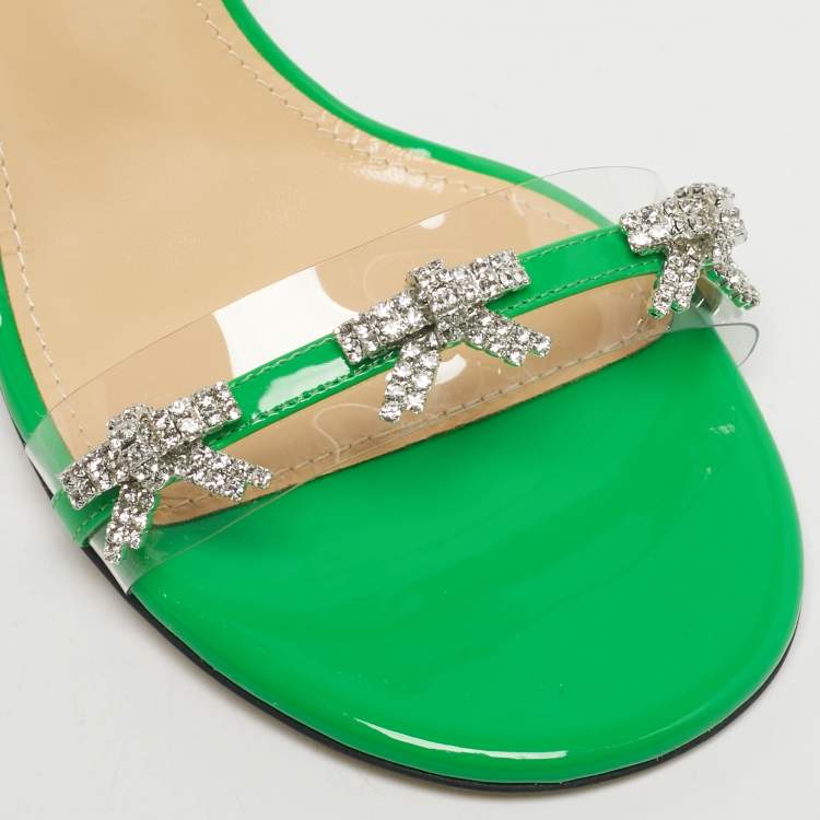 Pre Owned Mach & Mach Green Patent Leather and PVC Floating Crystal Bow Sandals Size 37.5