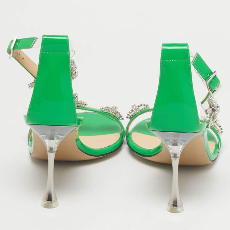 Pre Owned Mach & Mach Green Patent Leather and PVC Floating Crystal Bow Sandals Size 37.5