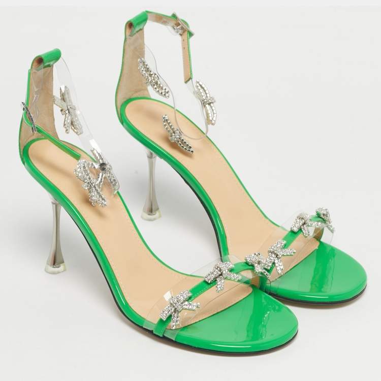 Pre Owned Mach & Mach Green Patent Leather and PVC Floating Crystal Bow Sandals Size 37.5
