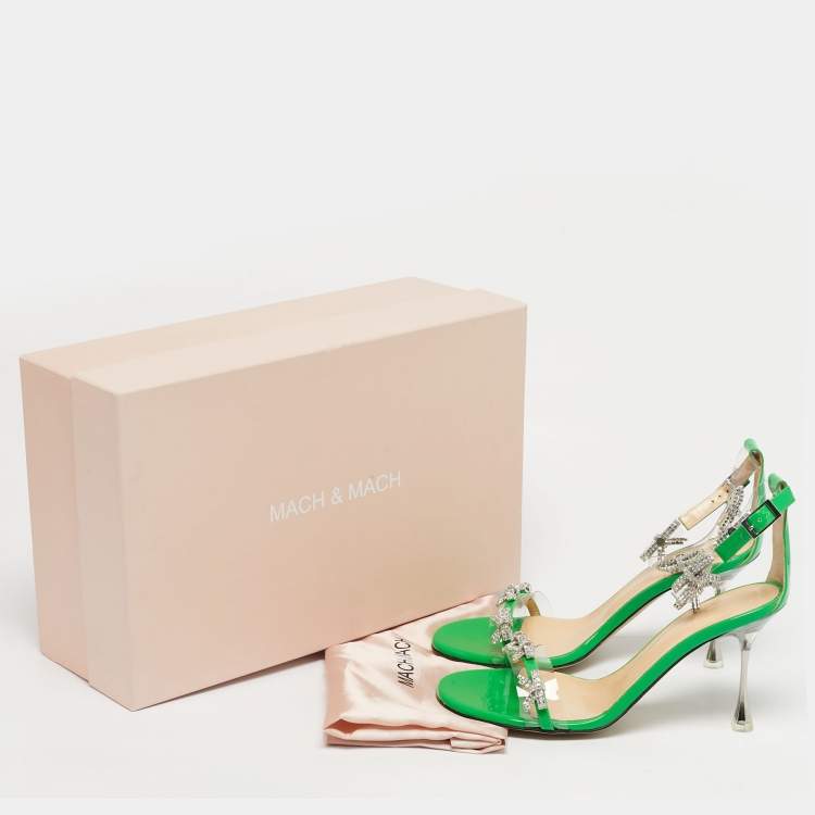 Pre Owned Mach & Mach Green Patent Leather and PVC Floating Crystal Bow Sandals Size 37.5
