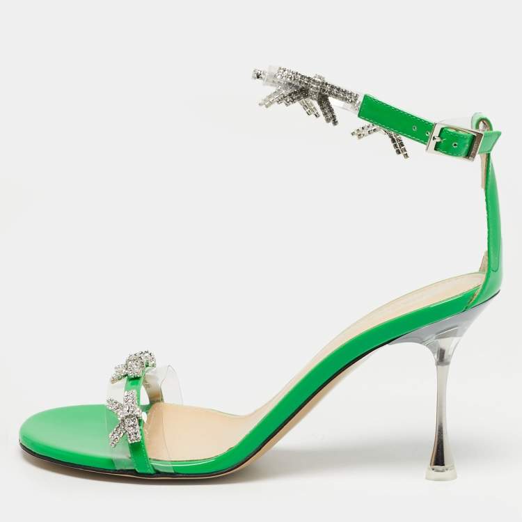 Pre Owned Mach & Mach Green Patent Leather and PVC Floating Crystal Bow Sandals Size 37.5