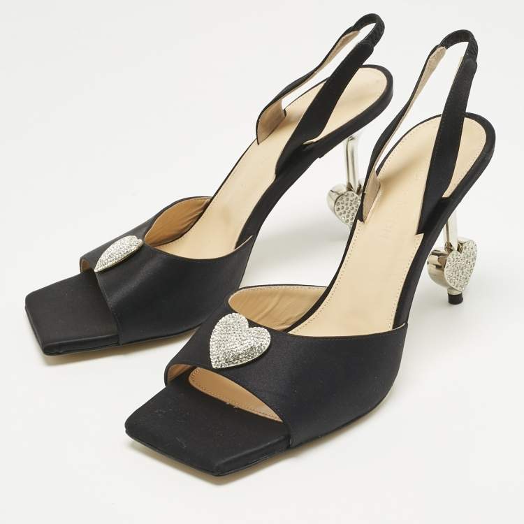 Pre Owned Mach & Mach Black Satin Heart Crystal Slingback Sandals Size 38.5