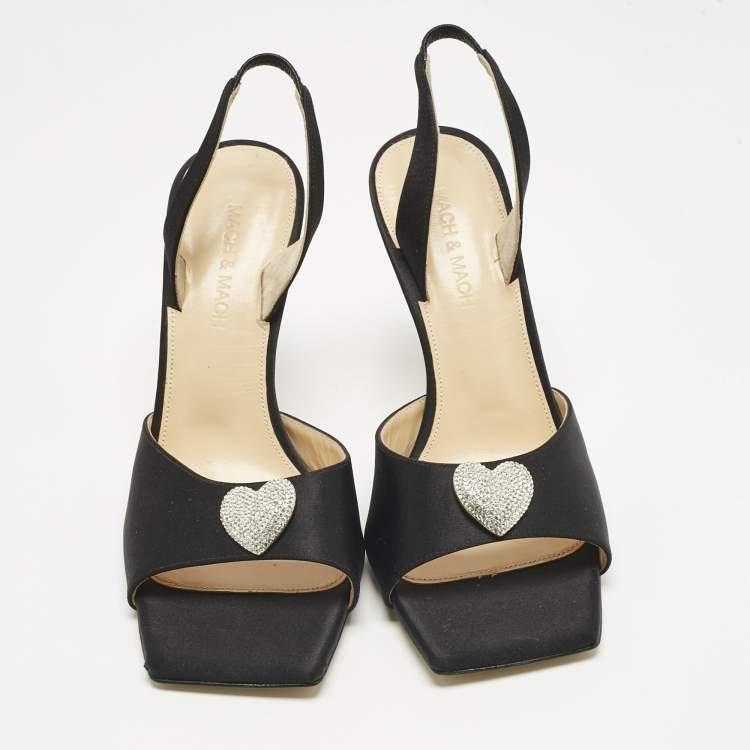 Pre Owned Mach & Mach Black Satin Heart Crystal Slingback Sandals Size 38.5