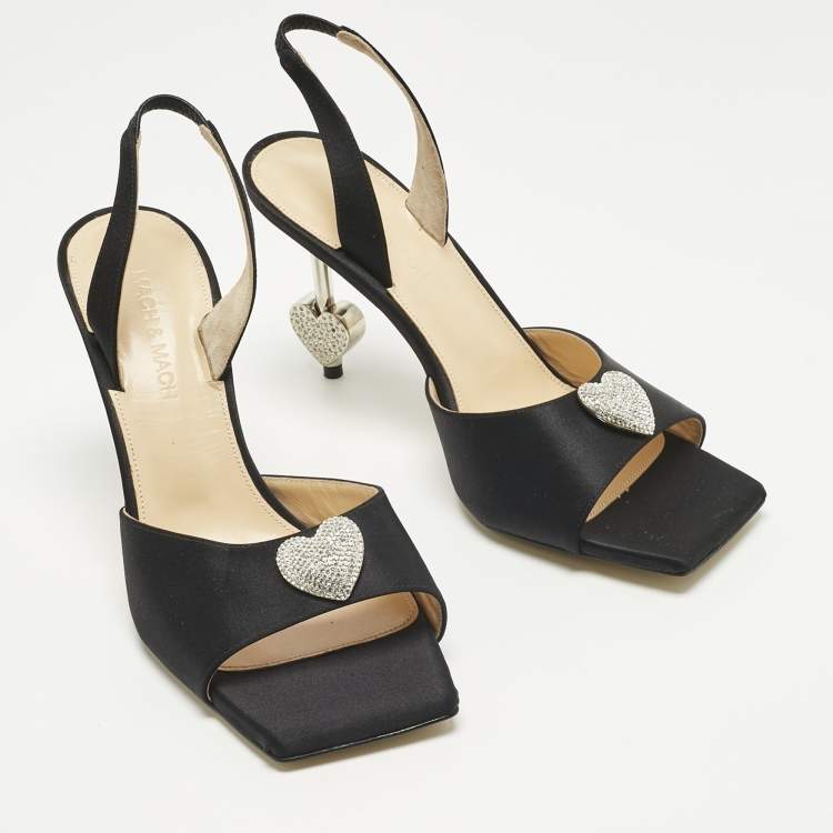 Pre Owned Mach & Mach Black Satin Heart Crystal Slingback Sandals Size 38.5