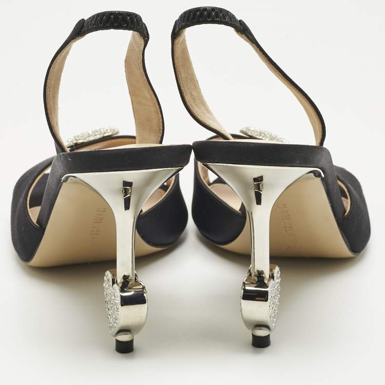 Pre Owned Mach & Mach Black Satin Heart Crystal Slingback Sandals Size 38.5