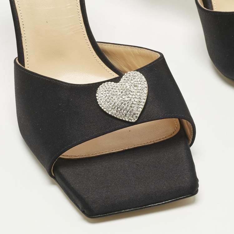 Pre Owned Mach & Mach Black Satin Heart Crystal Slingback Sandals Size 38.5