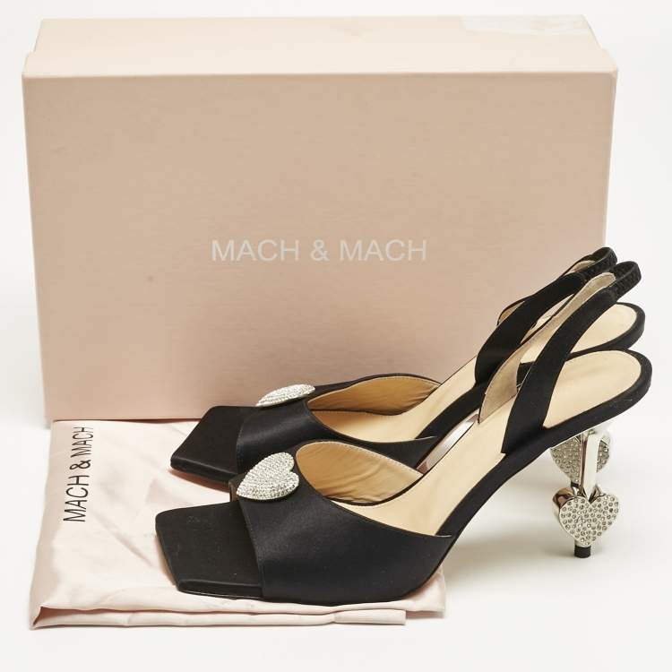 Pre Owned Mach & Mach Black Satin Heart Crystal Slingback Sandals Size 38.5