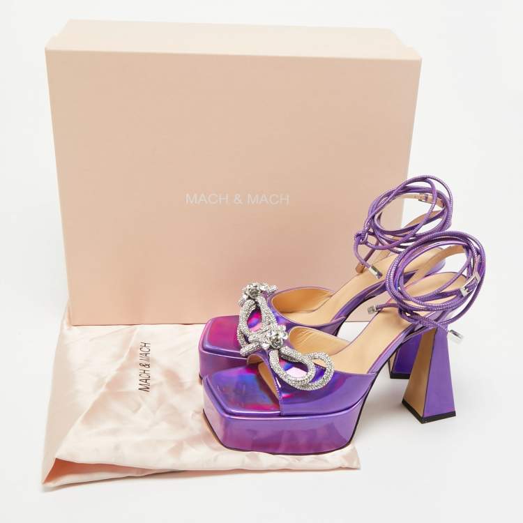 Pre Owned Mach & Mach Purple Iridescent Leather Double Bow Platform Sandals Size 41