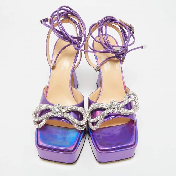 Pre Owned Mach & Mach Purple Iridescent Leather Double Bow Platform Sandals Size 41