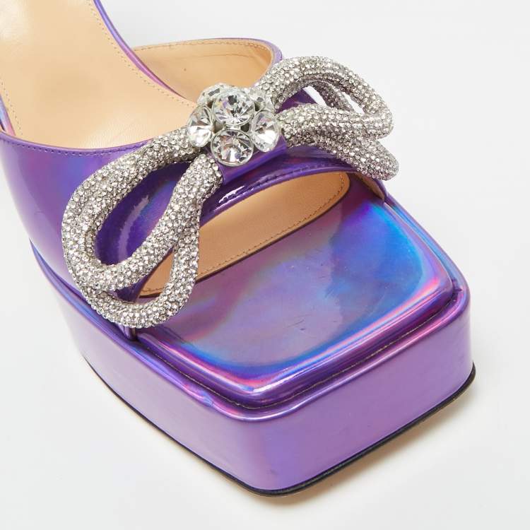 Pre Owned Mach & Mach Purple Iridescent Leather Double Bow Platform Sandals Size 41
