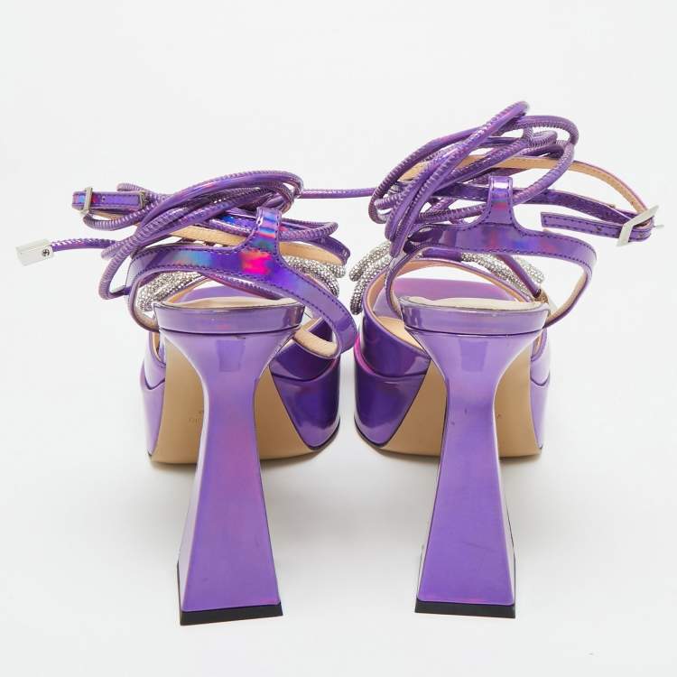Pre Owned Mach & Mach Purple Iridescent Leather Double Bow Platform Sandals Size 41