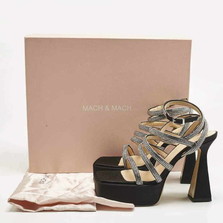 Pre Owned Mach & Mach Black Satin Sydney Crystal Embellished Platform Sandals Size 40