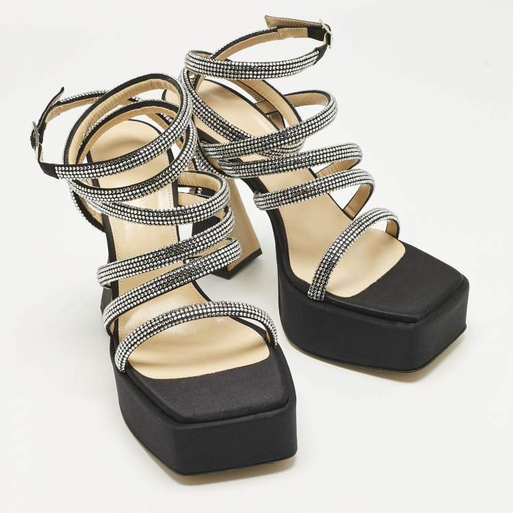 Pre Owned Mach & Mach Black Satin Sydney Crystal Embellished Platform Sandals Size 40