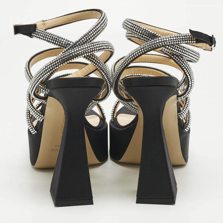 Pre Owned Mach & Mach Black Satin Sydney Crystal Embellished Platform Sandals Size 40