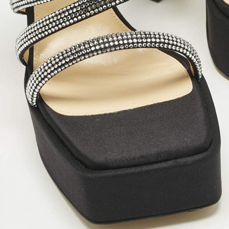 Pre Owned Mach & Mach Black Satin Sydney Crystal Embellished Platform Sandals Size 40
