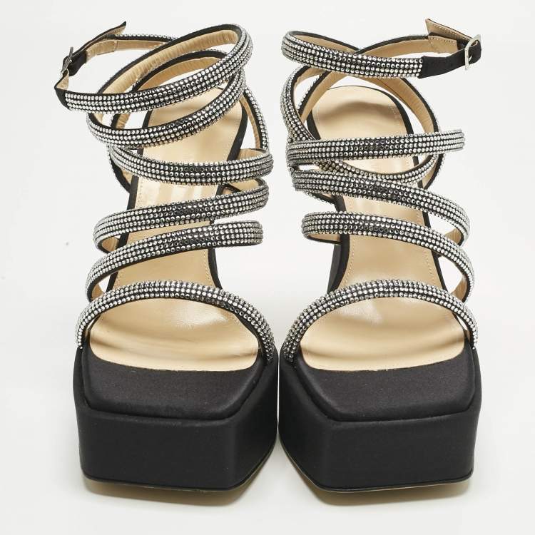 Pre Owned Mach & Mach Black Satin Sydney Crystal Embellished Platform Sandals Size 40