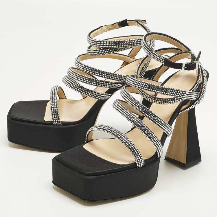 Pre Owned Mach & Mach Black Satin Sydney Crystal Embellished Platform Sandals Size 40