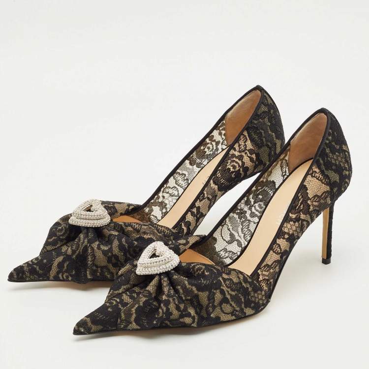 Pre Owned Mach & Mach Black Lace Draped Double Heart Pumps Size 38