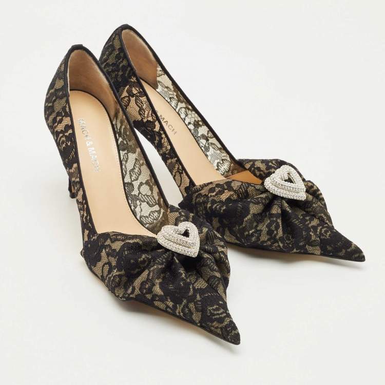 Pre Owned Mach & Mach Black Lace Draped Double Heart Pumps Size 38