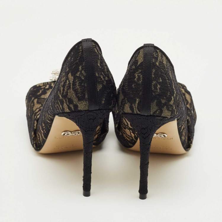 Pre Owned Mach & Mach Black Lace Draped Double Heart Pumps Size 38