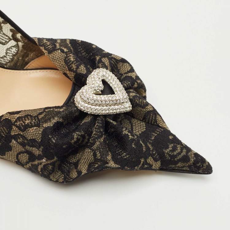Pre Owned Mach & Mach Black Lace Draped Double Heart Pumps Size 38