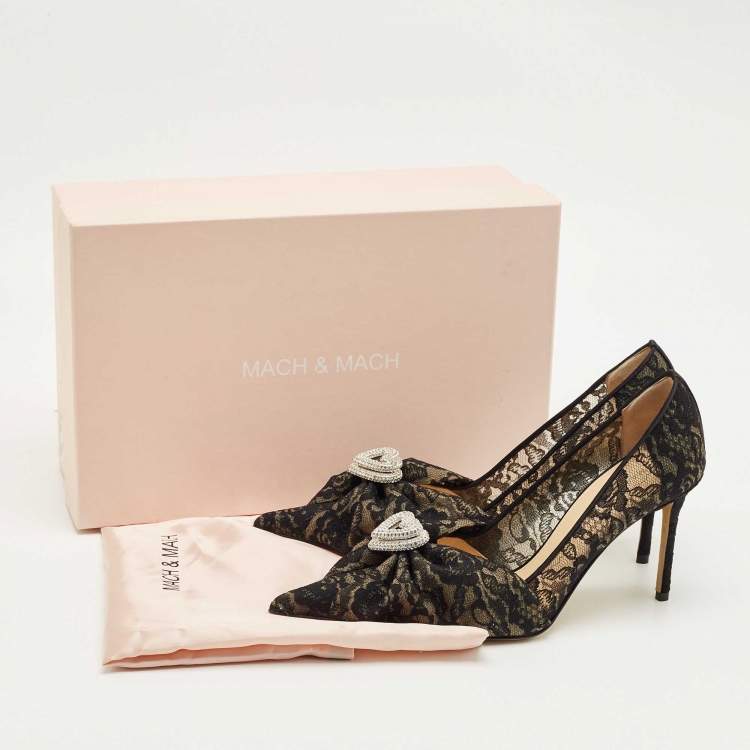 Pre Owned Mach & Mach Black Lace Draped Double Heart Pumps Size 38