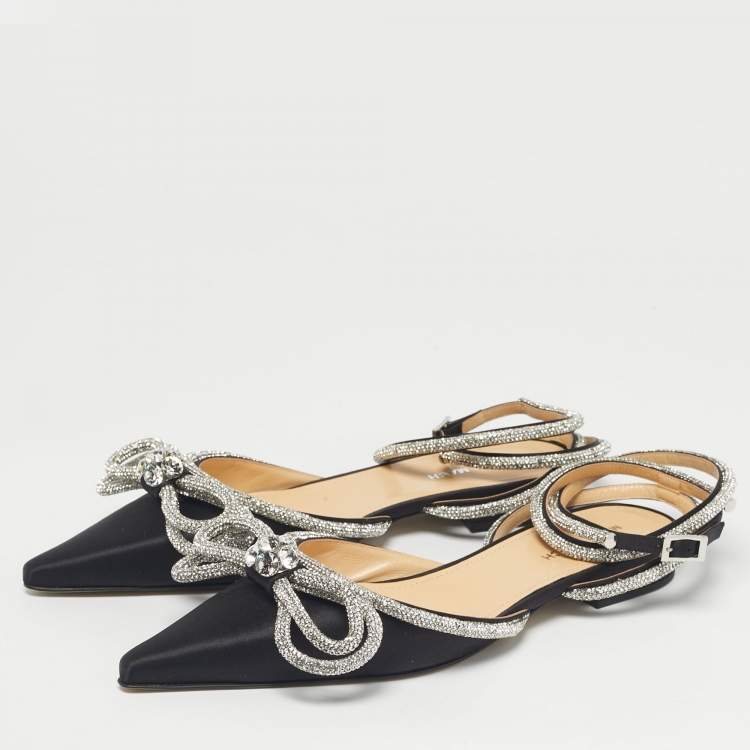 Pre Owned Mach & Mach Black Satin Double Bow Crystal Embellished Ankle Wrap Flat Sandals Size 41