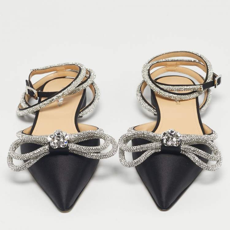 Pre Owned Mach & Mach Black Satin Double Bow Crystal Embellished Ankle Wrap Flat Sandals Size 41