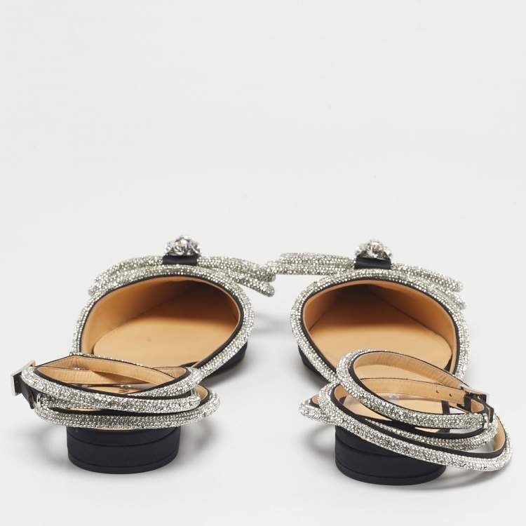 Pre Owned Mach & Mach Black Satin Double Bow Crystal Embellished Ankle Wrap Flat Sandals Size 41