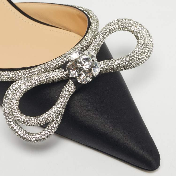 Pre Owned Mach & Mach Black Satin Double Bow Crystal Embellished Ankle Wrap Flat Sandals Size 41