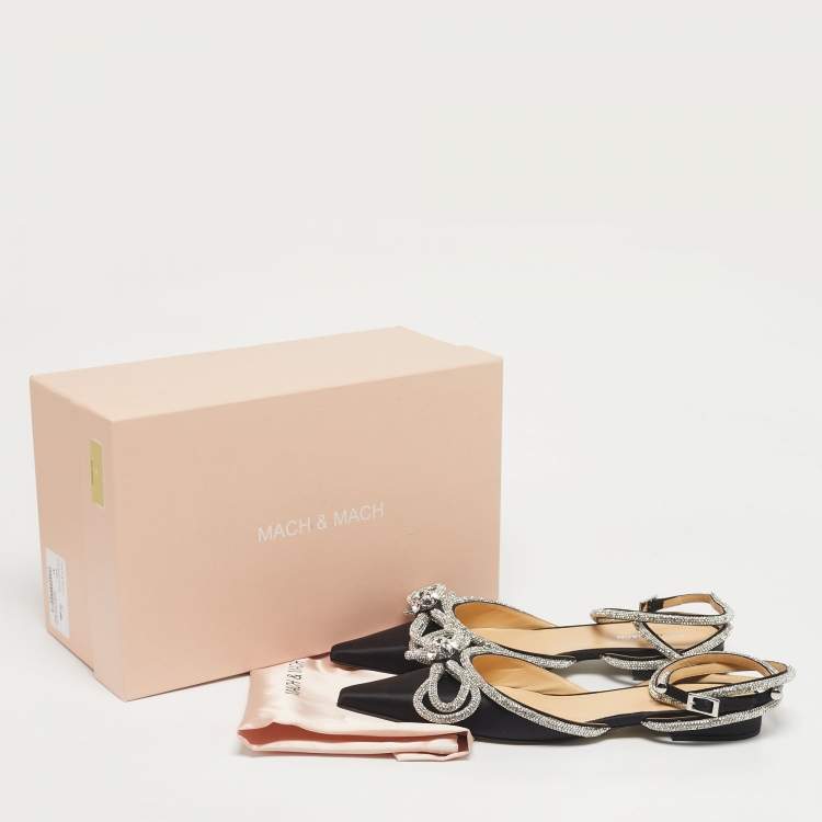 Pre Owned Mach & Mach Black Satin Double Bow Crystal Embellished Ankle Wrap Flat Sandals Size 41