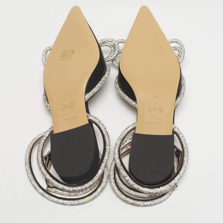 Pre Owned Mach & Mach Black Satin Double Bow Crystal Embellished Ankle Wrap Flat Sandals Size 41