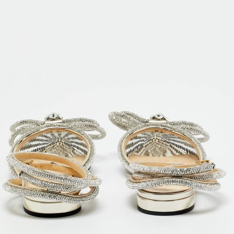 Pre Owned Mach & Mach Transparent PVC Double Bow Crystal Embellished Ankle Wrap Flat Sandals Size 41