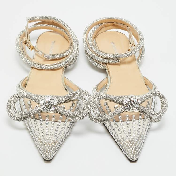 Pre Owned Mach & Mach Transparent PVC Double Bow Crystal Embellished Ankle Wrap Flat Sandals Size 41