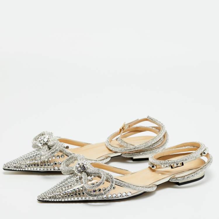 Pre Owned Mach & Mach Transparent PVC Double Bow Crystal Embellished Ankle Wrap Flat Sandals Size 41
