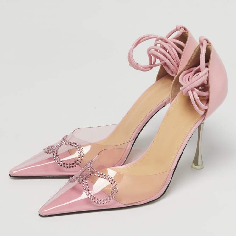 Pre Owned Mach & Mach Pink Leather and PVC Crystal Embellished Bow Ankle Wrap Sandals Size 39.5