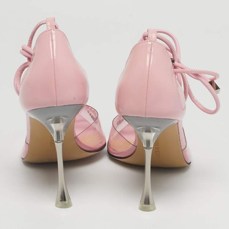 Pre Owned Mach & Mach Pink Leather and PVC Crystal Embellished Bow Ankle Wrap Sandals Size 39.5