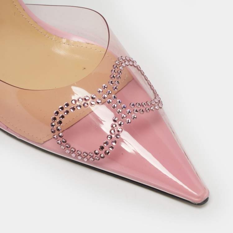 Pre Owned Mach & Mach Pink Leather and PVC Crystal Embellished Bow Ankle Wrap Sandals Size 39.5