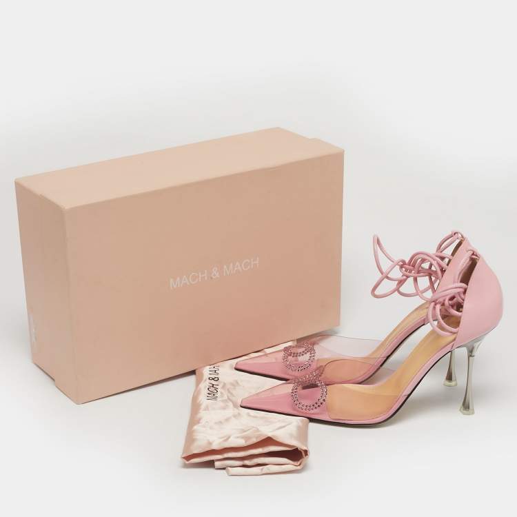 Pre Owned Mach & Mach Pink Leather and PVC Crystal Embellished Bow Ankle Wrap Sandals Size 39.5