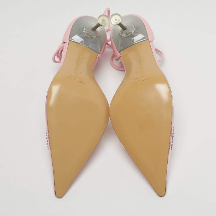 Pre Owned Mach & Mach Pink Leather and PVC Crystal Embellished Bow Ankle Wrap Sandals Size 39.5