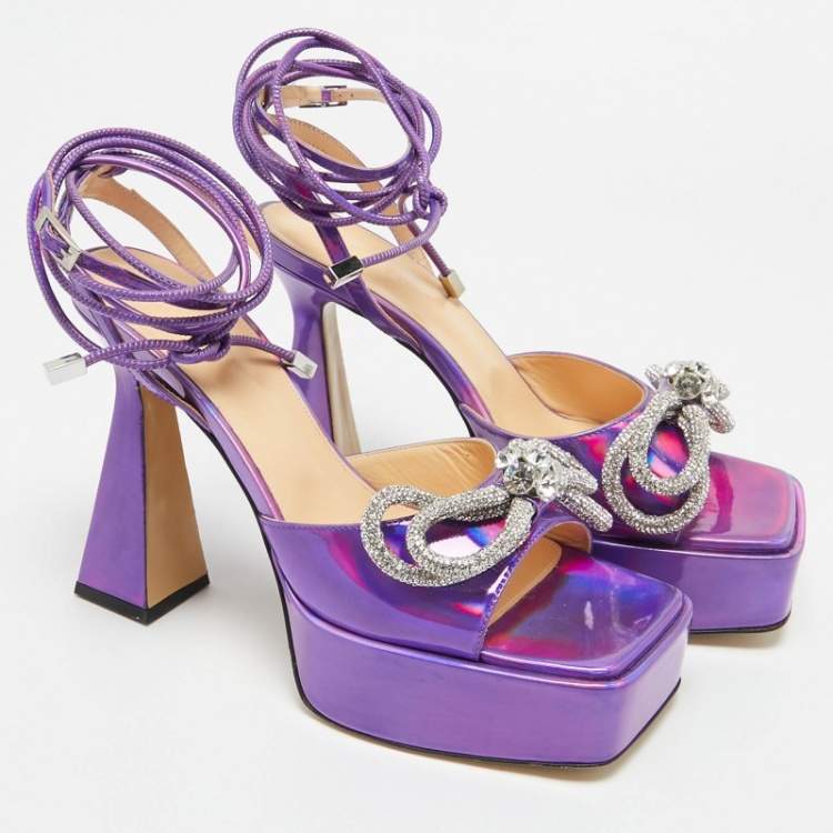 Pre Owned Mach & Mach Purple Iridescent Leather Double Bow Platform Sandals Size 39