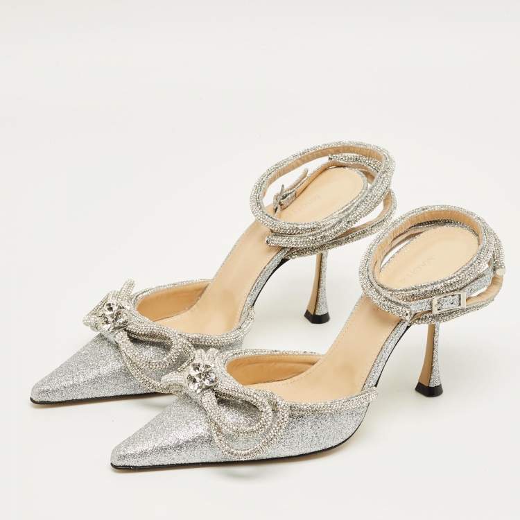 Pre Owned Mach & Mach Silver Glitter Crystal Embellished Double Bow Pumps Size 38.5