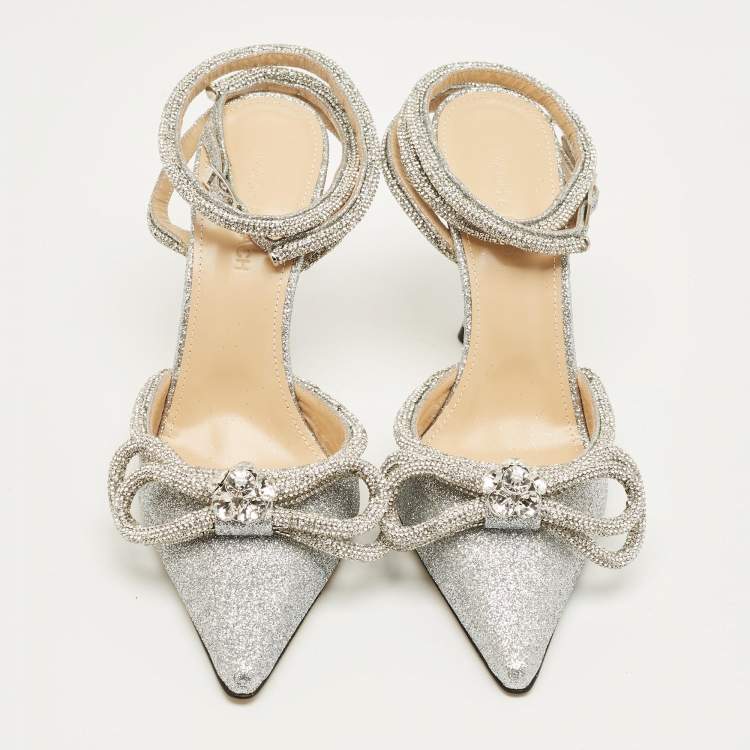 Pre Owned Mach & Mach Silver Glitter Crystal Embellished Double Bow Pumps Size 38.5