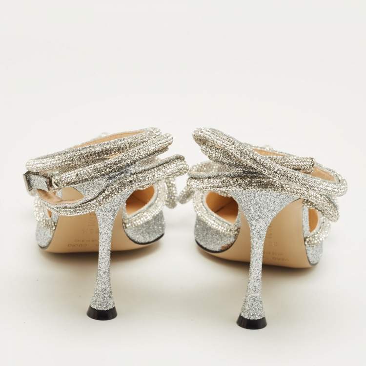 Pre Owned Mach & Mach Silver Glitter Crystal Embellished Double Bow Pumps Size 38.5